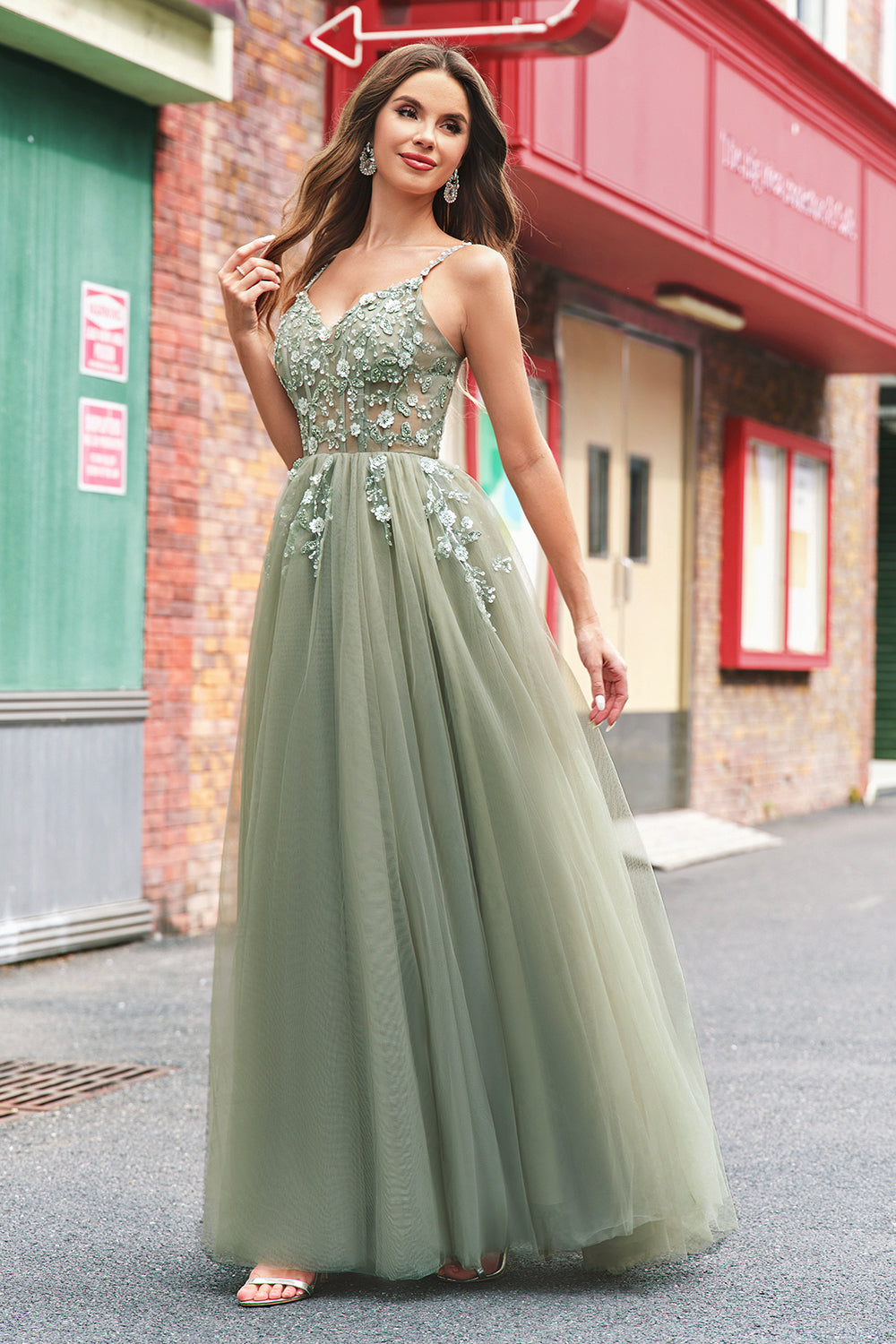 Robe longue de bal en tulle à sequins, coupe ligne A verte, avec corset et laçage au dos