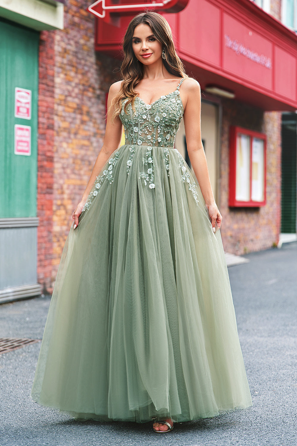 Robe longue de bal en tulle à sequins, coupe ligne A verte, avec corset et laçage au dos