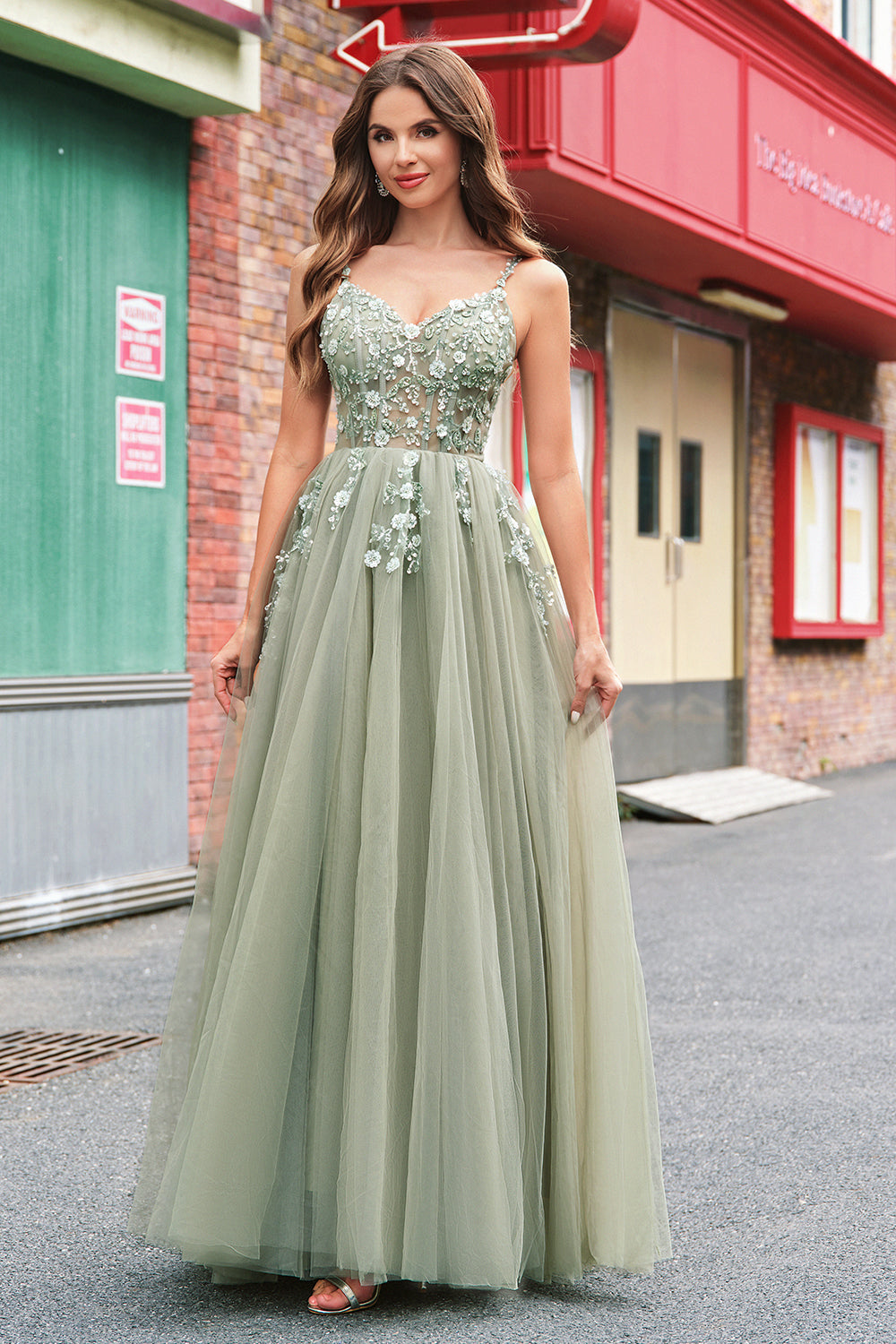 Robe longue de bal en tulle à sequins, coupe ligne A verte, avec corset et laçage au dos