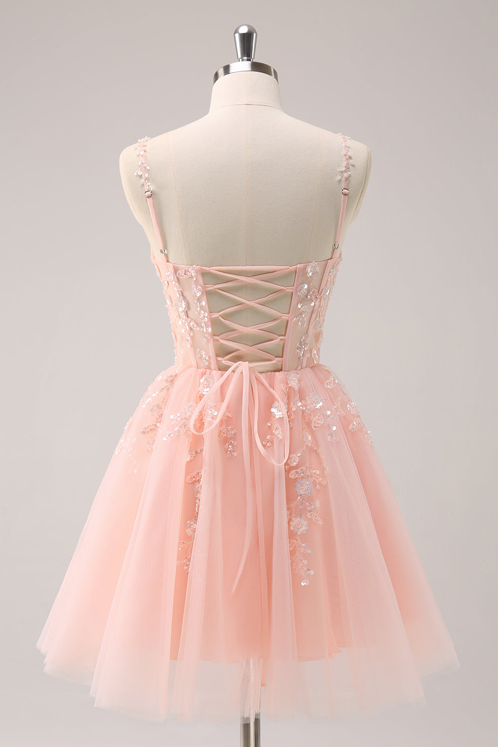 A-Line Blush Spaghetti Straps Tulle Corset Sequins Appliques Homecoming Dress