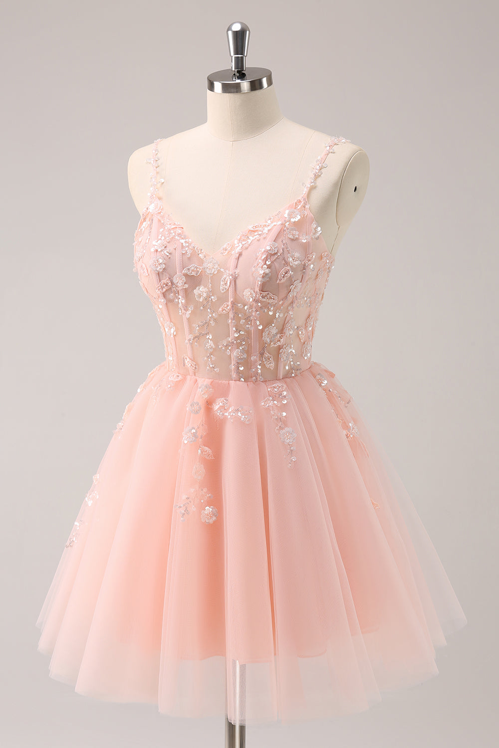 A-Line Blush Spaghetti Straps Tulle Corset Sequins Appliques Homecoming Dress