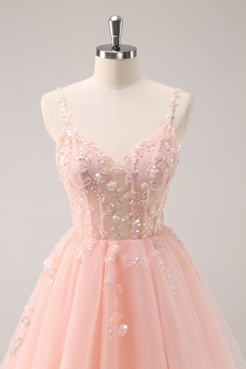 A-Line Blush Spaghetti Straps Tulle Corset Sequins Appliques Homecoming Dress