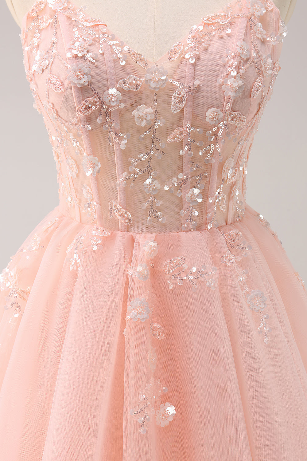 A-Line Blush Spaghetti Straps Tulle Corset Sequins Appliques Homecoming Dress
