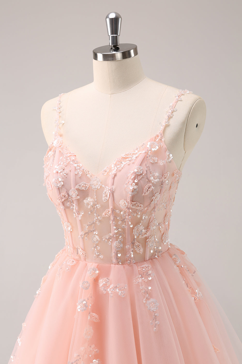 A-Line Blush Spaghetti Straps Tulle Corset Sequins Appliques Homecoming Dress