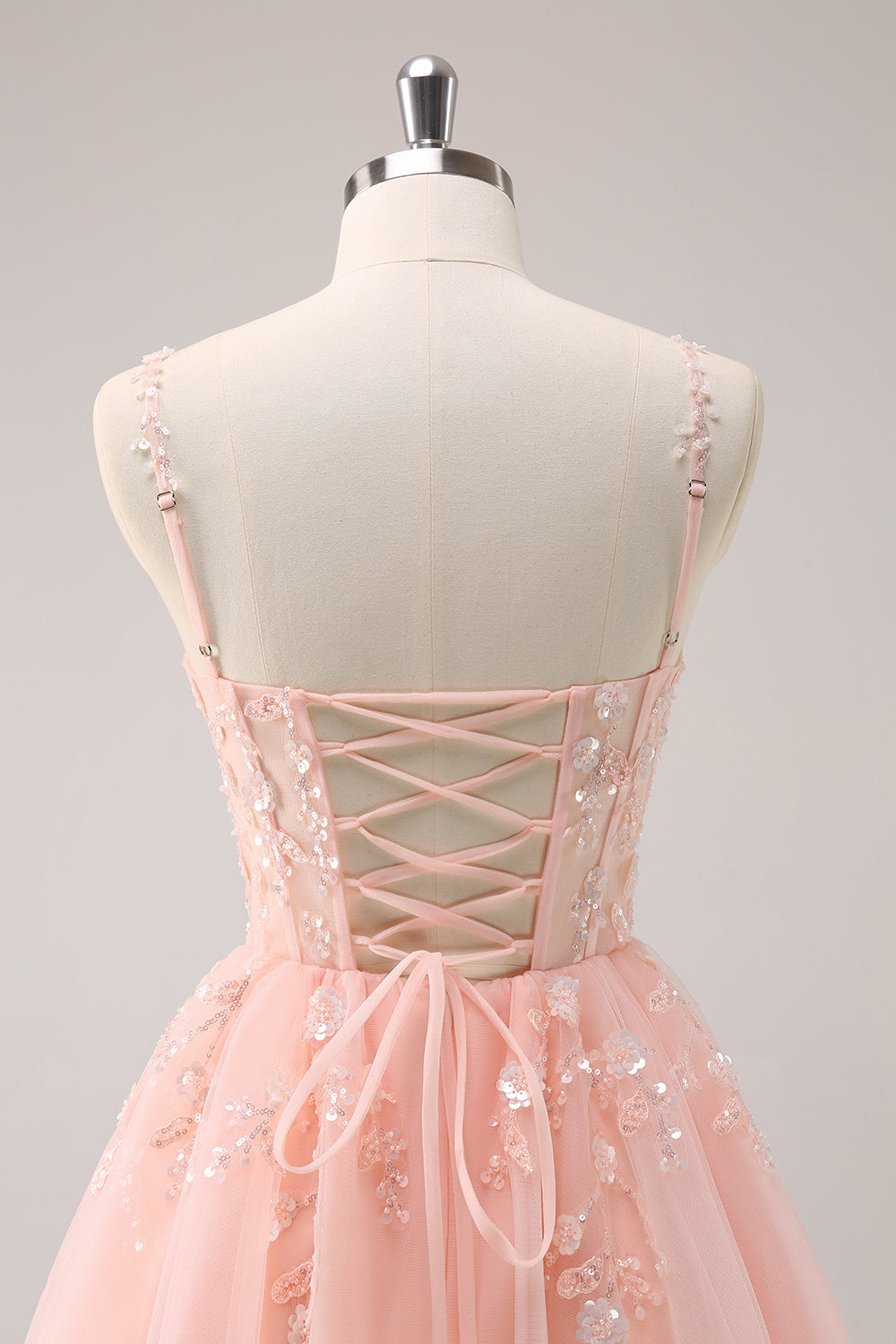 A-Line Blush Spaghetti Straps Tulle Corset Sequins Appliques Homecoming Dress
