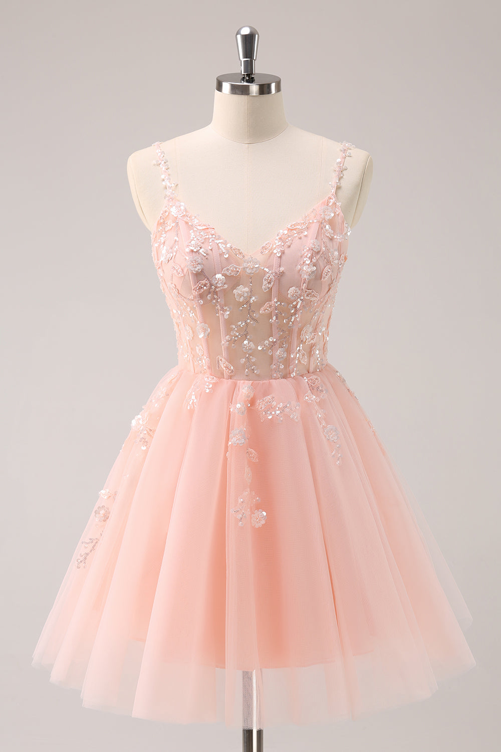 A-Line Blush Spaghetti Straps Tulle Corset Sequins Appliques Homecoming Dress
