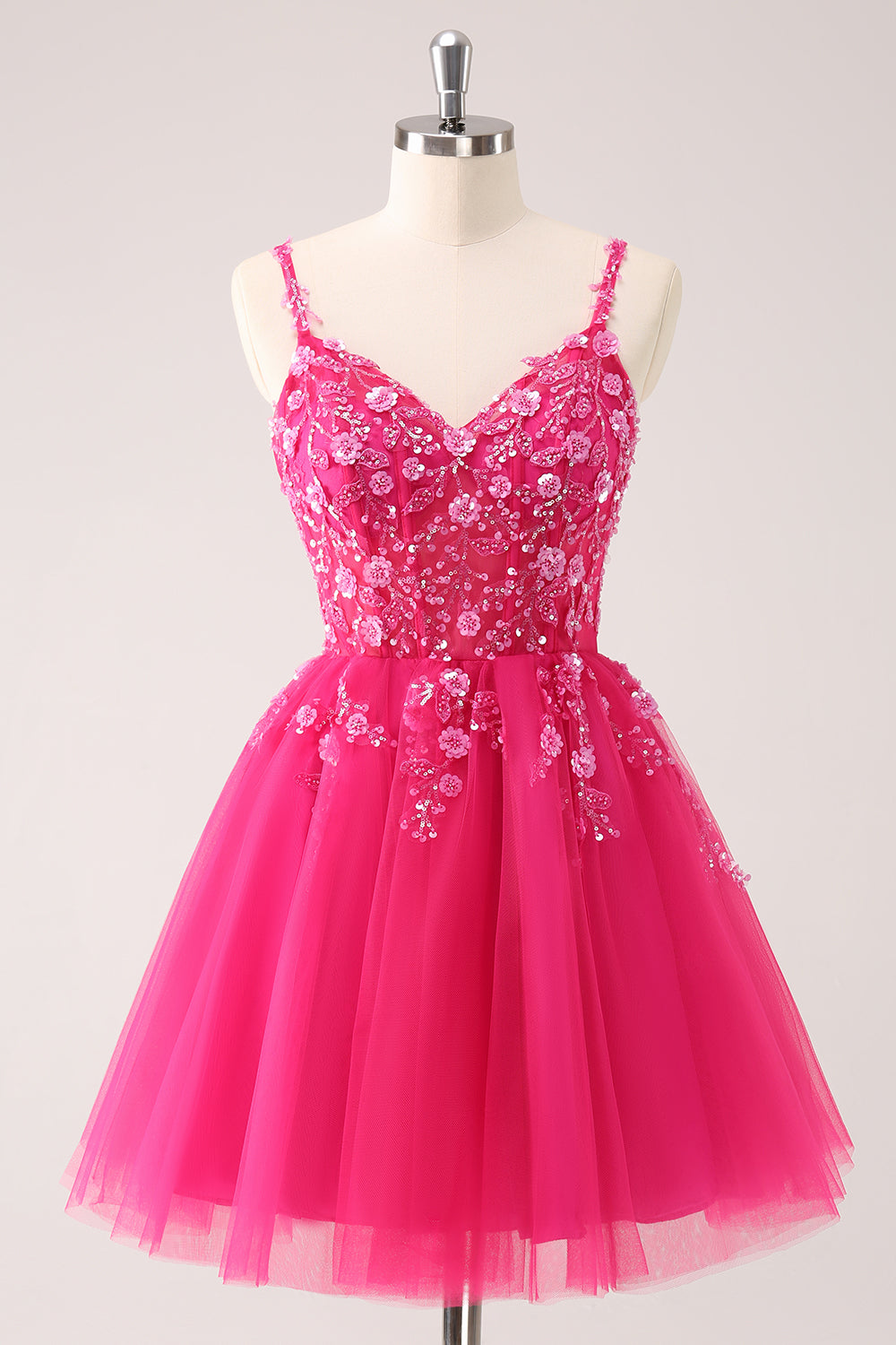 A-Line Blush Spaghetti Straps Tulle Corset Sequins Appliques Homecoming Dress