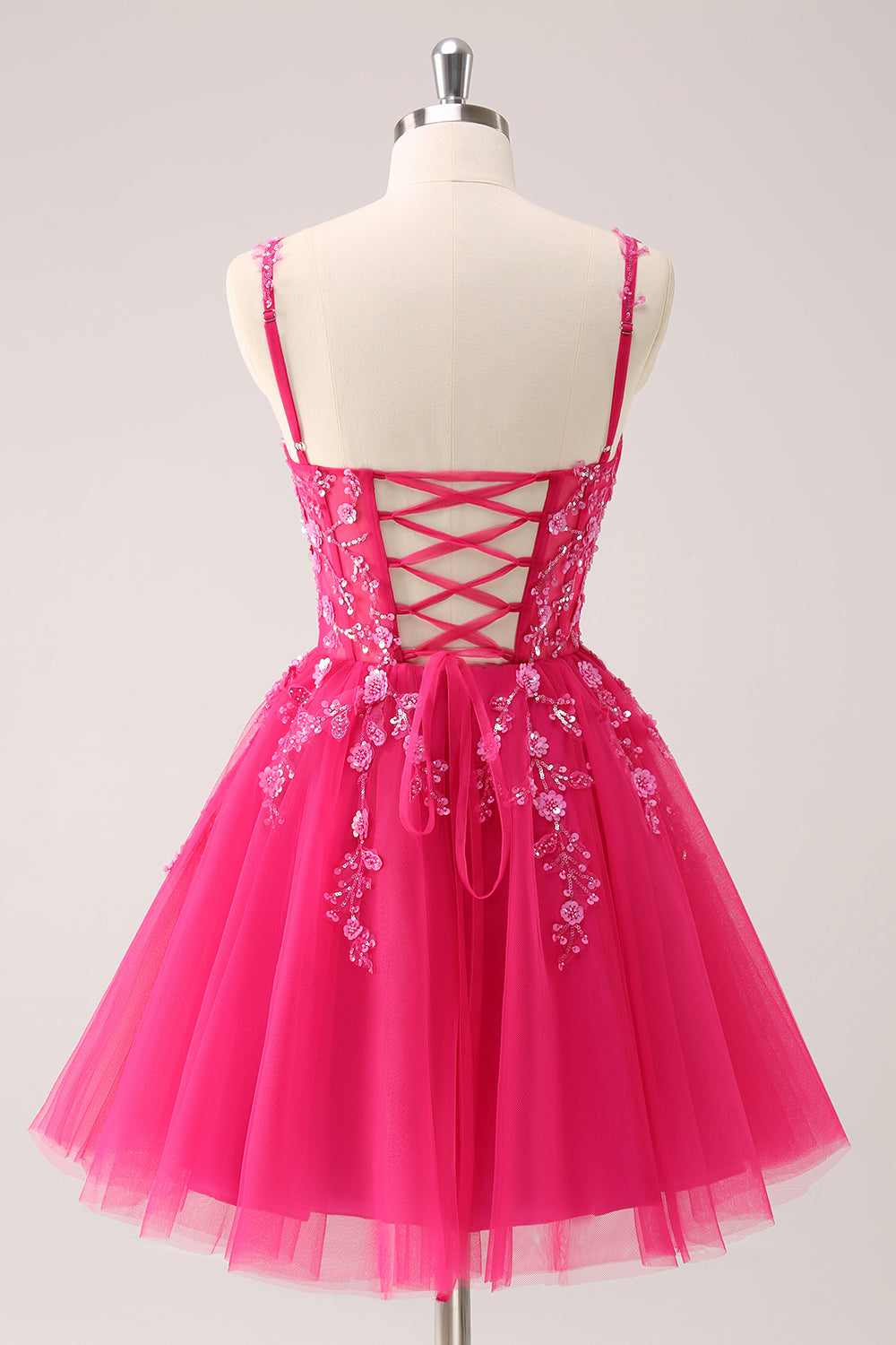 A-Line Blush Spaghetti Straps Tulle Corset Sequins Appliques Homecoming Dress