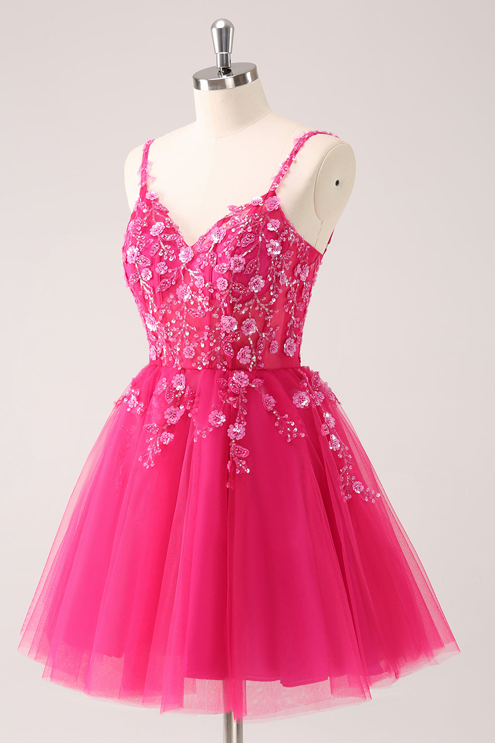 A-Line Blush Spaghetti Straps Tulle Corset Sequins Appliques Homecoming Dress