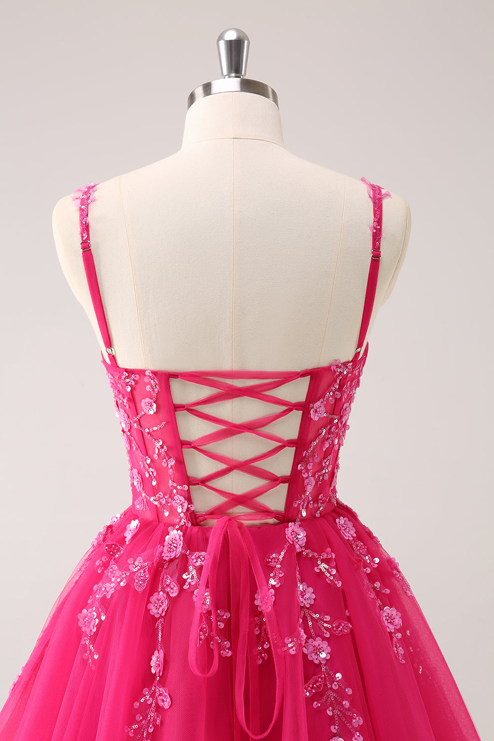 A-Line Blush Spaghetti Straps Tulle Corset Sequins Appliques Homecoming Dress
