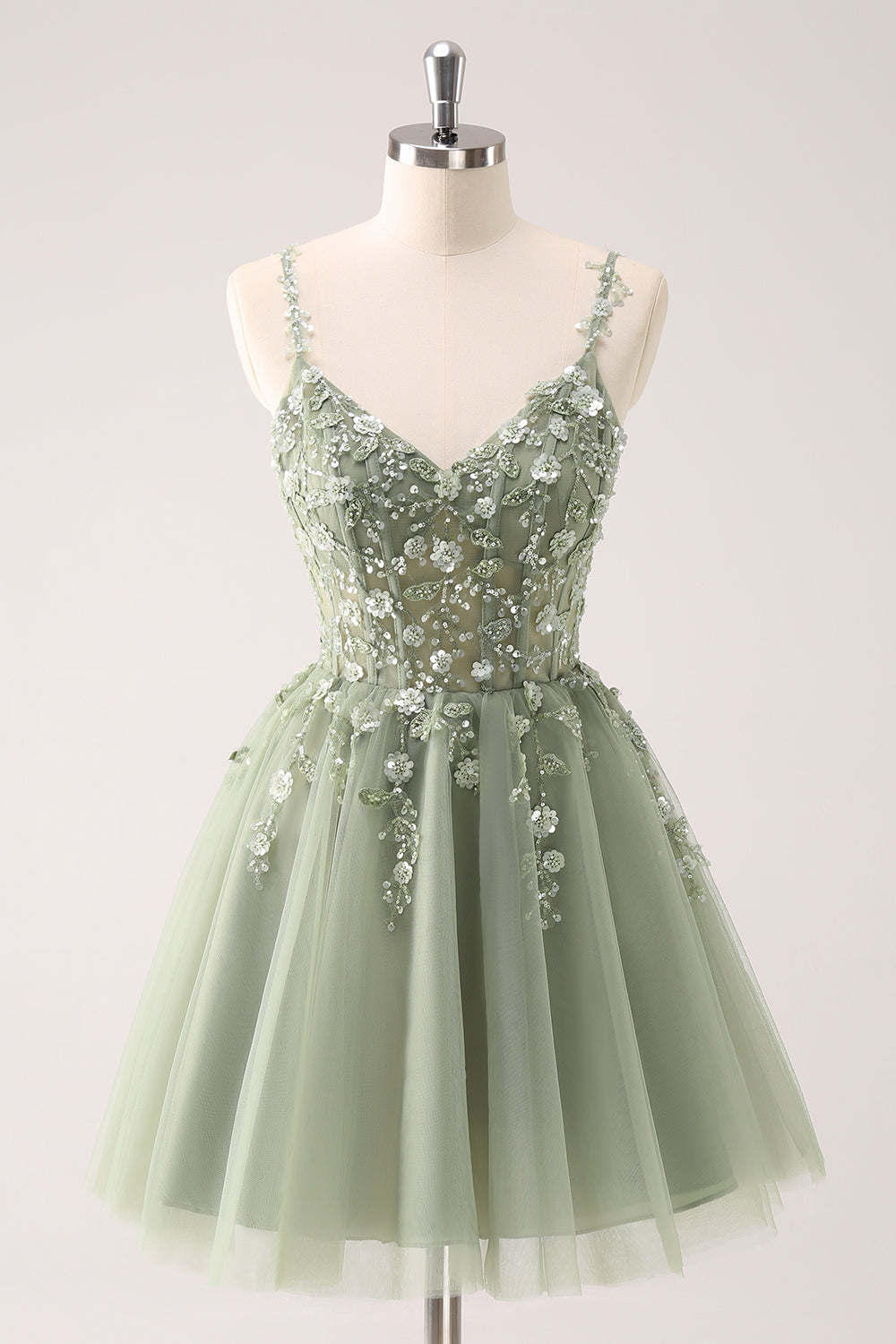 A-Line Blush Spaghetti Straps Tulle Corset Sequins Appliques Homecoming Dress