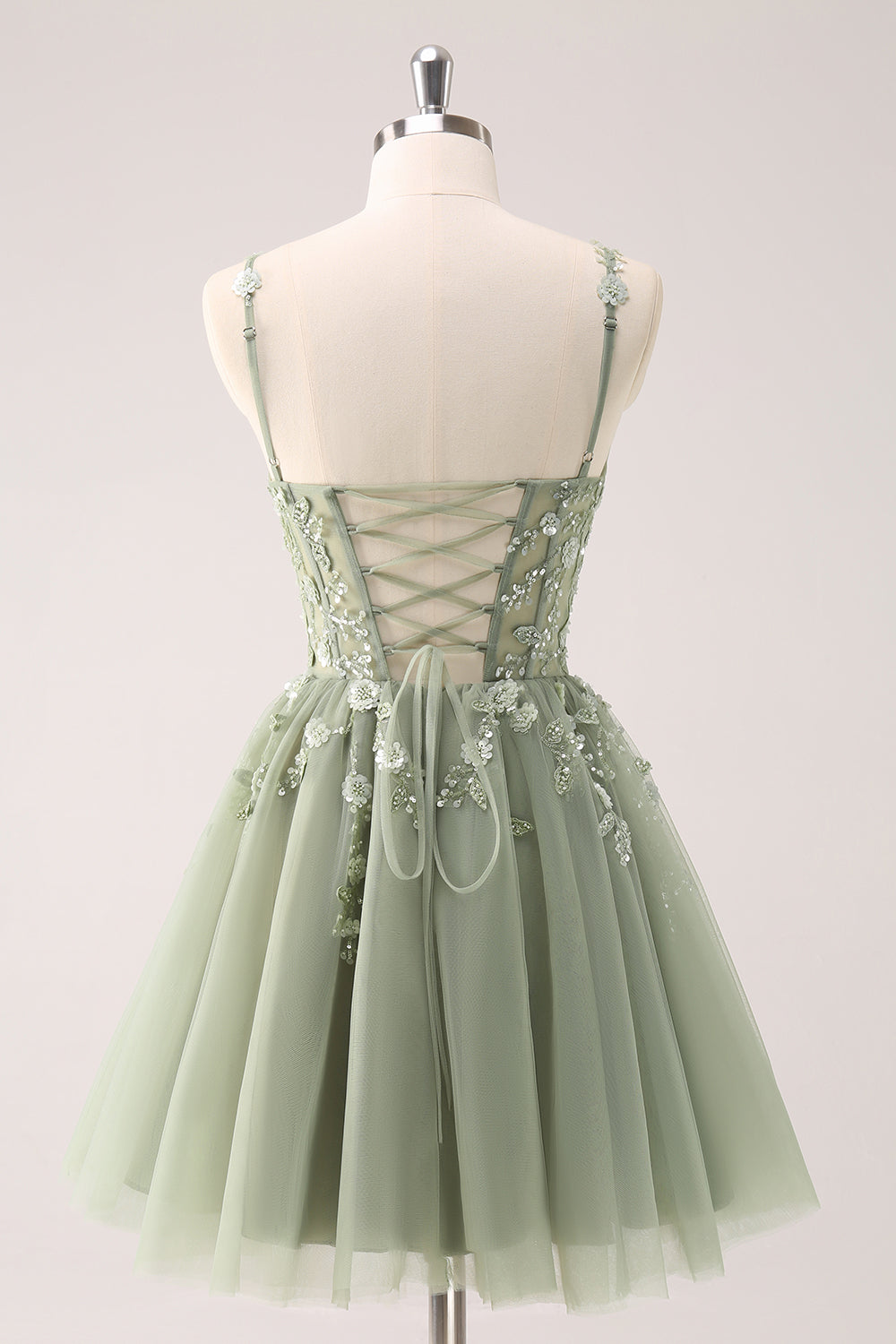 A-Line Blush Spaghetti Straps Tulle Corset Sequins Appliques Homecoming Dress