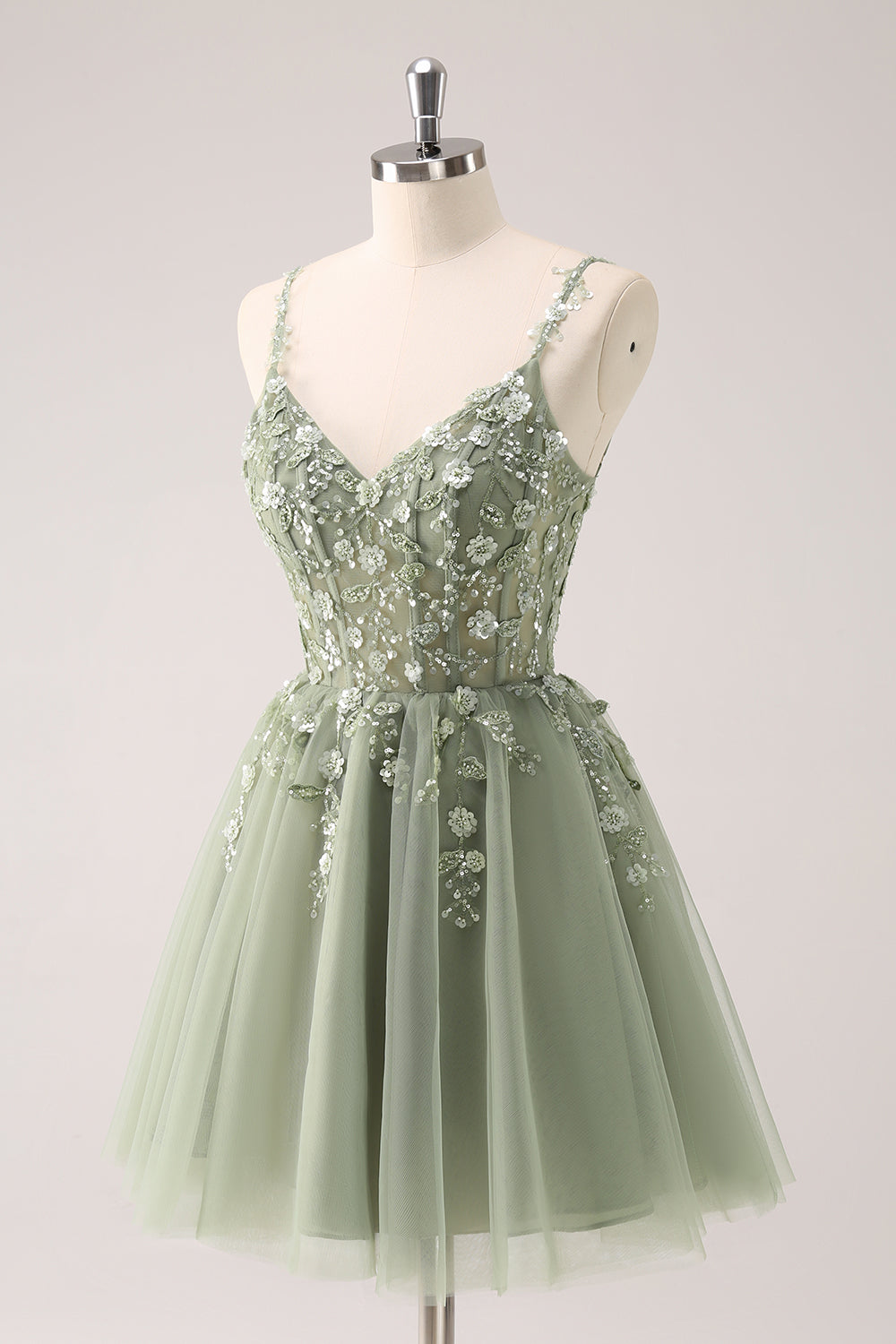 A-Line Blush Spaghetti Straps Tulle Corset Sequins Appliques Homecoming Dress