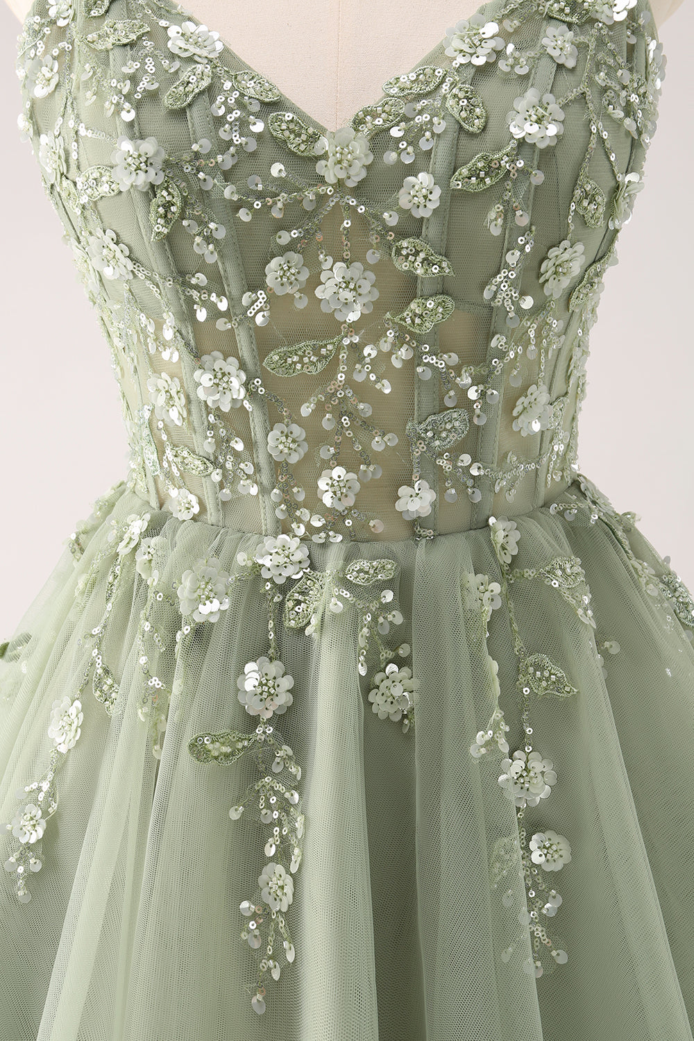 A-Line Blush Spaghetti Straps Tulle Corset Sequins Appliques Homecoming Dress