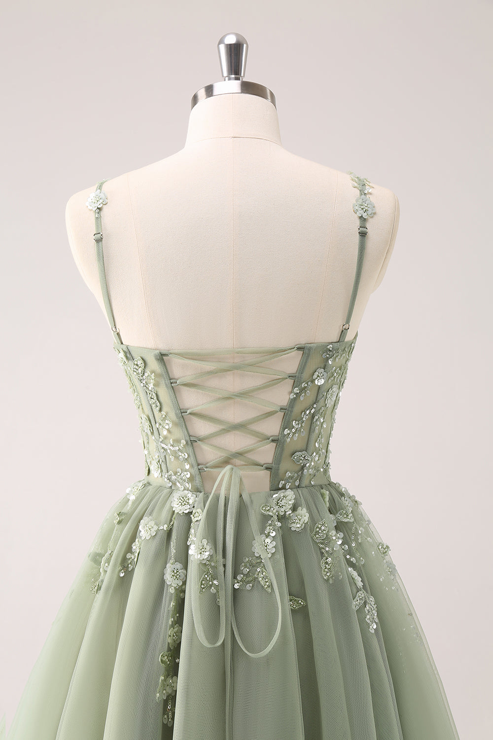 A-Line Blush Spaghetti Straps Tulle Corset Sequins Appliques Homecoming Dress
