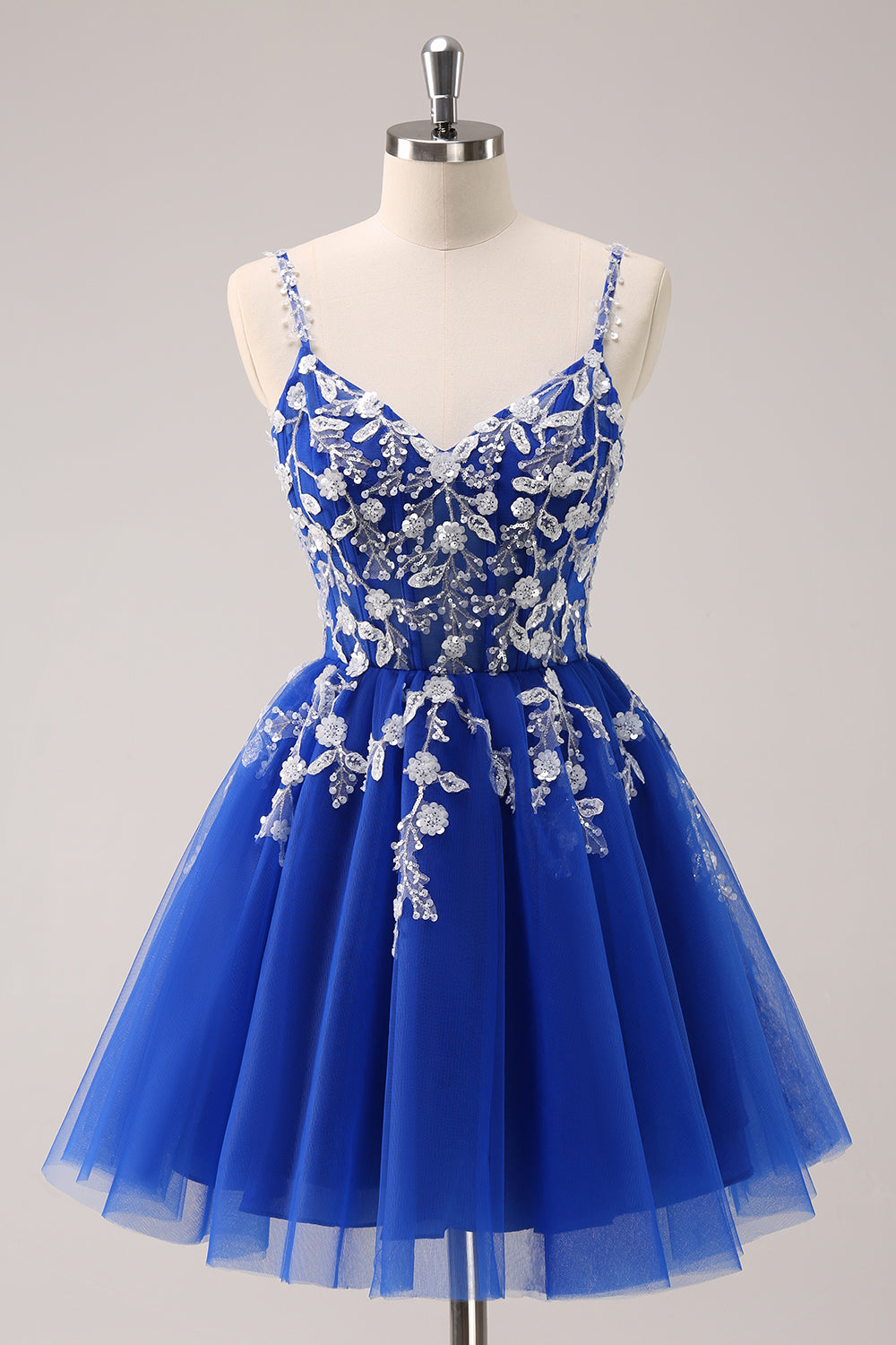 A-Line Blush Spaghetti Straps Tulle Corset Sequins Appliques Homecoming Dress