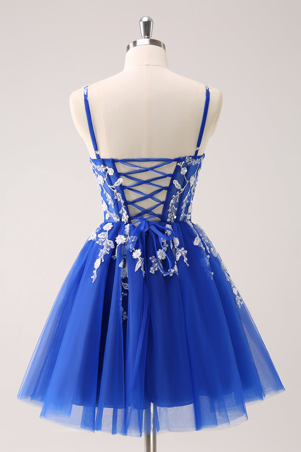 A-Line Blush Spaghetti Straps Tulle Corset Sequins Appliques Homecoming Dress
