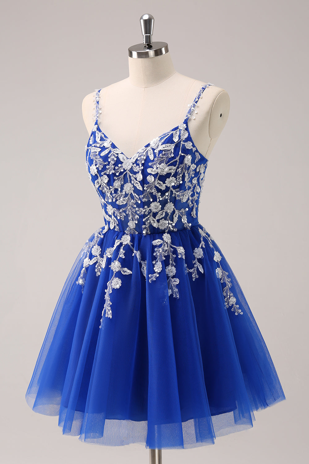 A-Line Blush Spaghetti Straps Tulle Corset Sequins Appliques Homecoming Dress