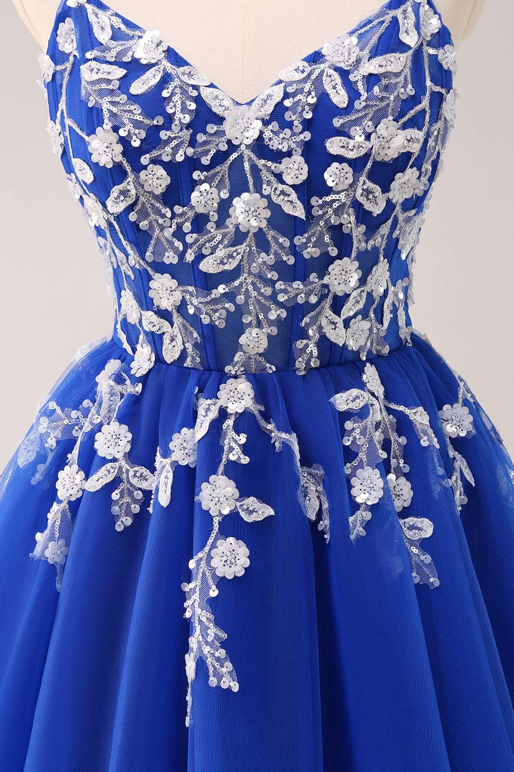 A-Line Blush Spaghetti Straps Tulle Corset Sequins Appliques Homecoming Dress