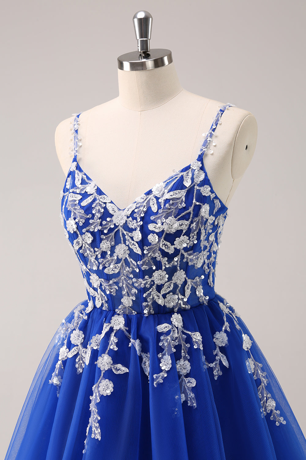A-Line Blush Spaghetti Straps Tulle Corset Sequins Appliques Homecoming Dress