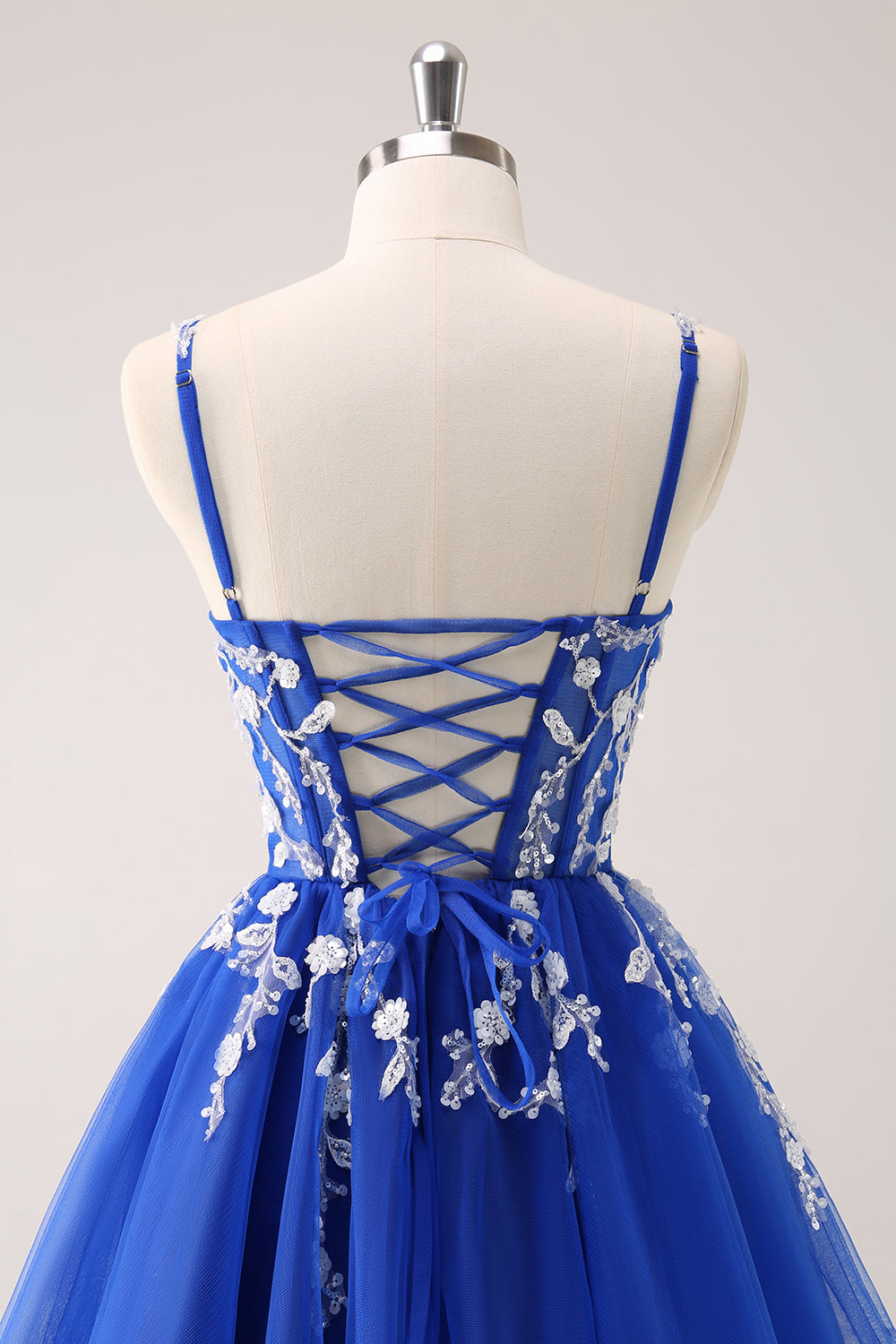 A-Line Blush Spaghetti Straps Tulle Corset Sequins Appliques Homecoming Dress