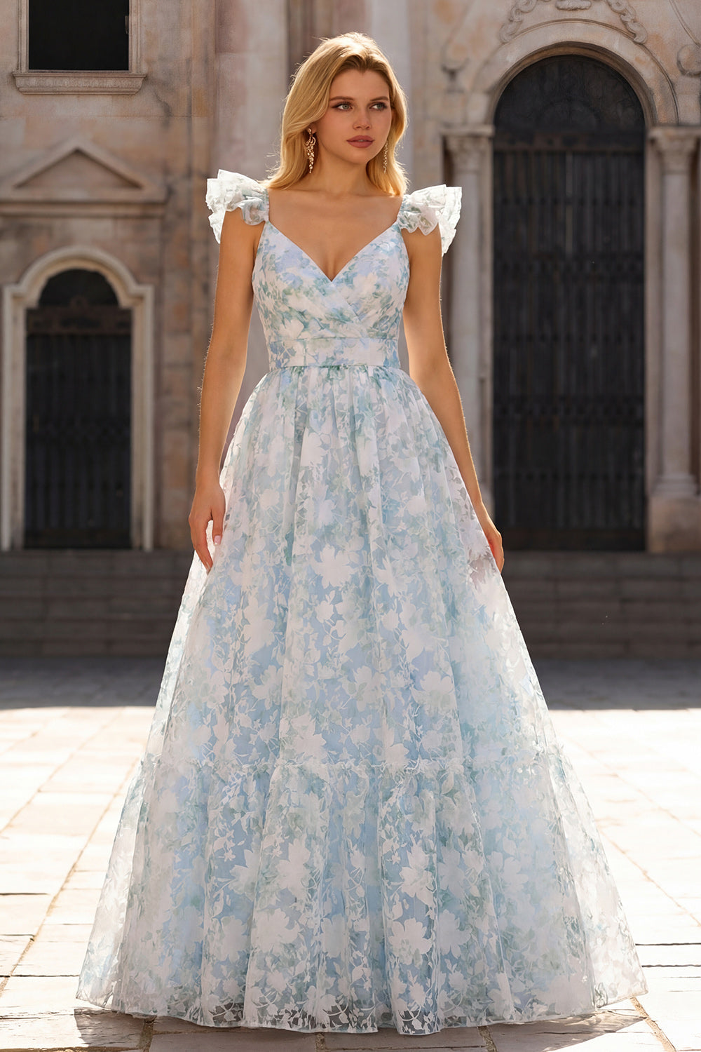Light Blue Flower Printed A-Line Cap Sleeves Long Prom Dress