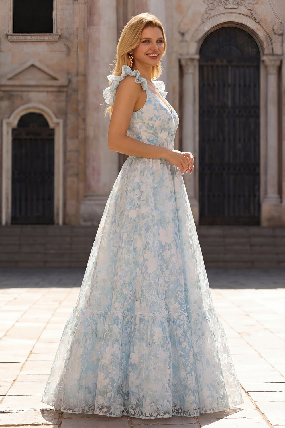 Light Blue A-Line Printed Floral V-Neck Long Prom Dress
