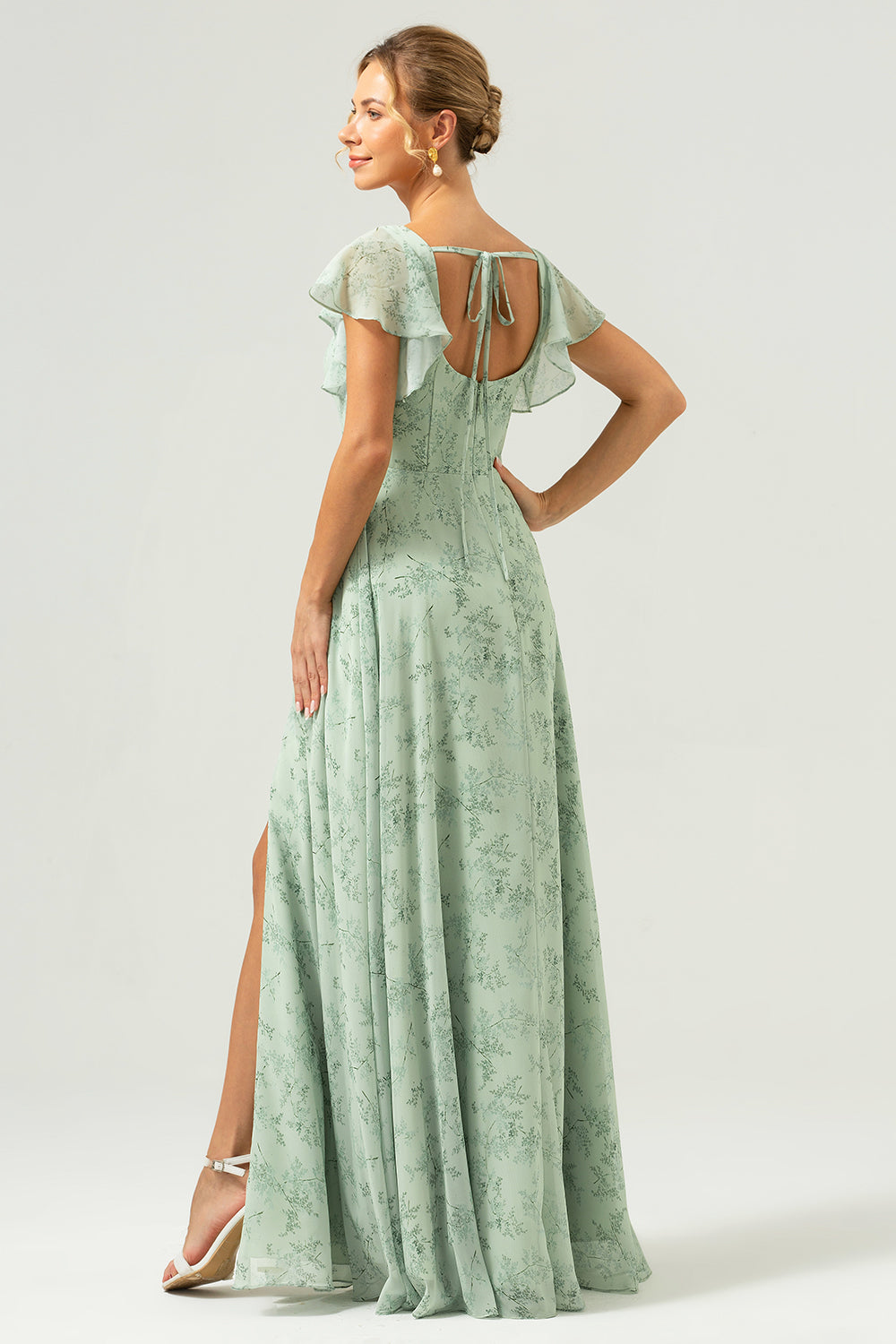 Robe longue de demoiselle d'honneur fendue, imprimé floral, col carré, coloris sauge poussiéreux
