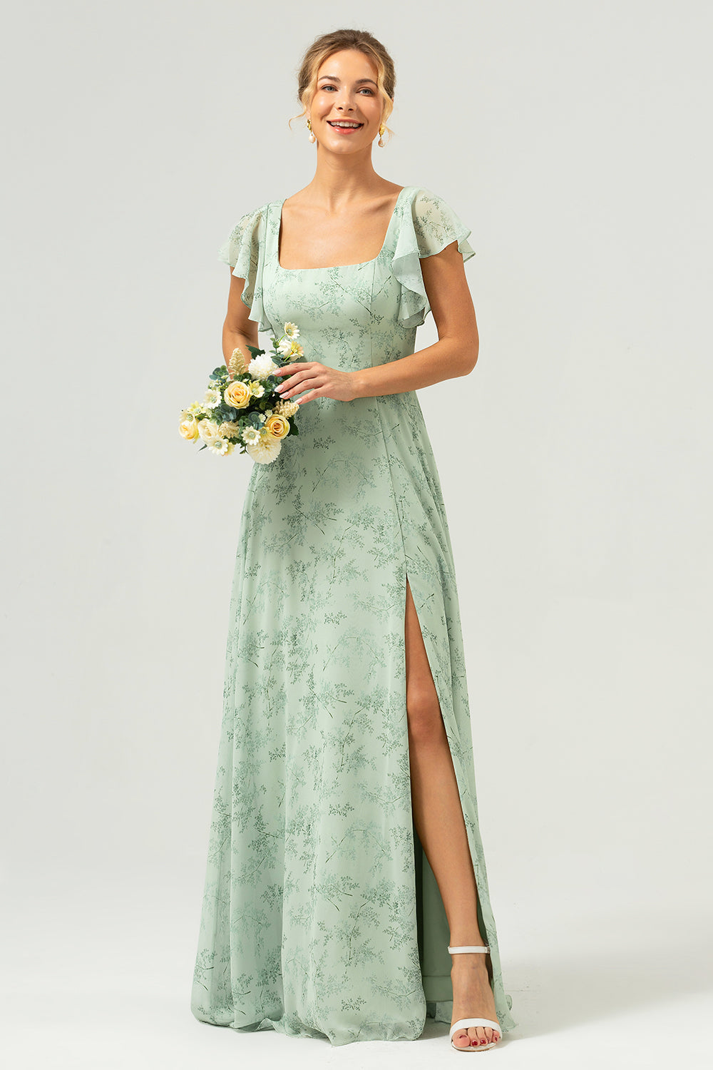 Robe longue de demoiselle d'honneur fendue, imprimé floral, col carré, coloris sauge poussiéreux