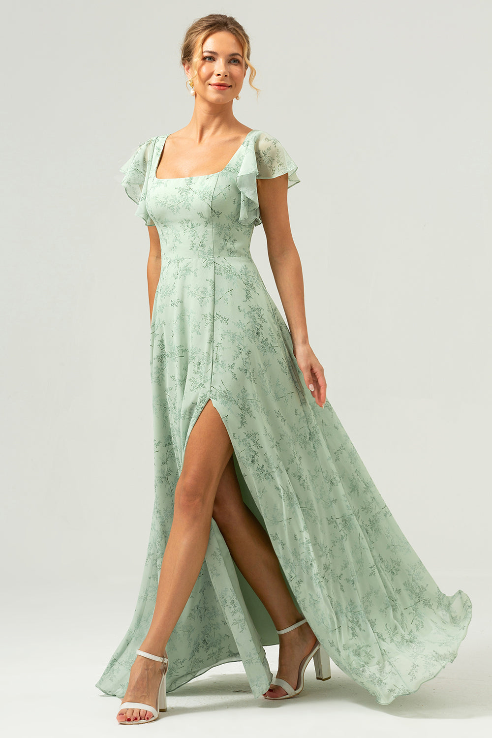 Robe longue de demoiselle d'honneur fendue, imprimé floral, col carré, coloris sauge poussiéreux