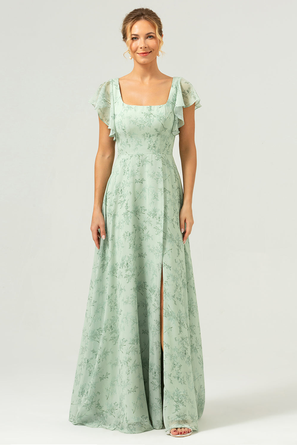 Robe longue de demoiselle d'honneur fendue, imprimé floral, col carré, coloris sauge poussiéreux