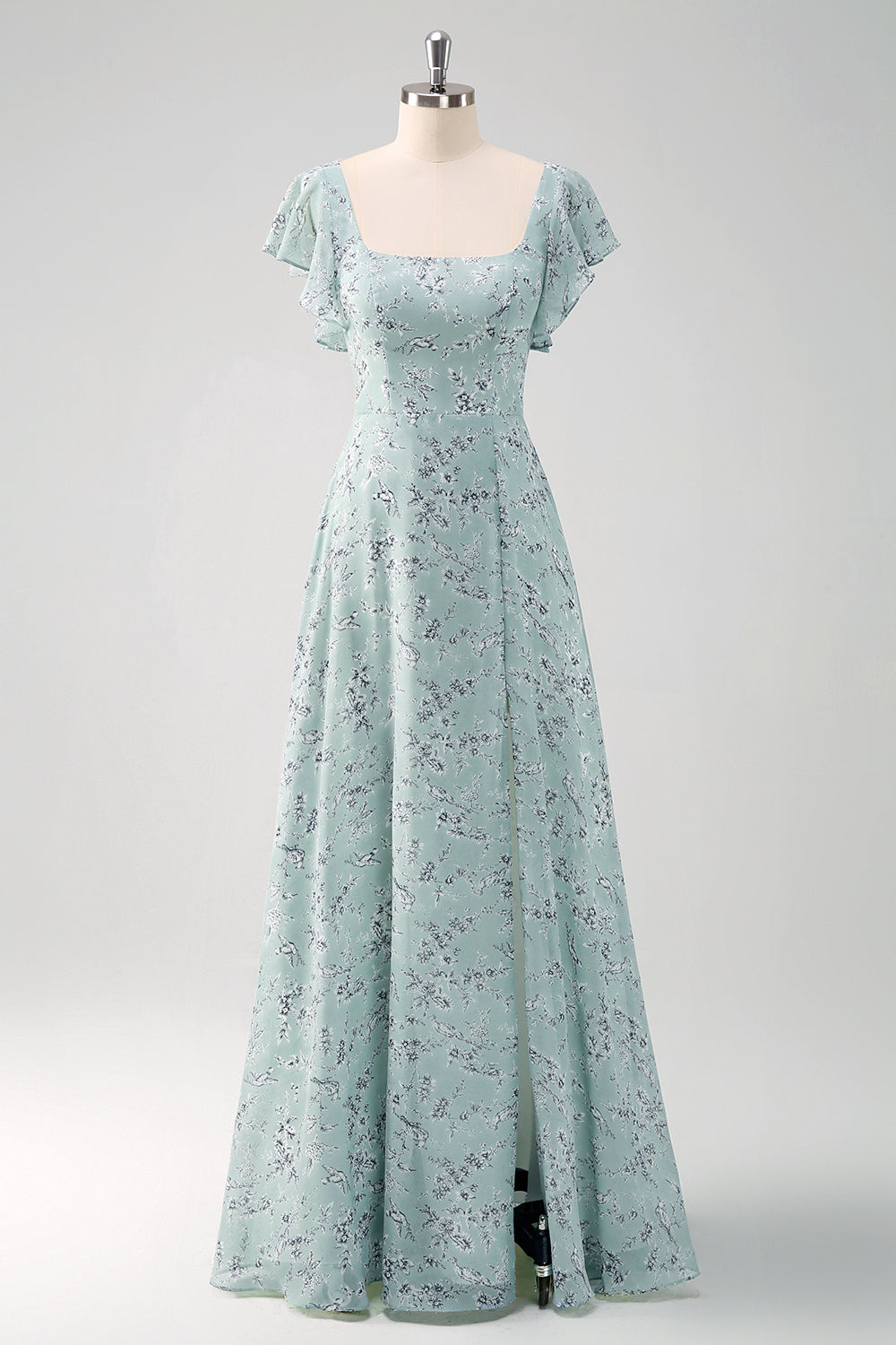 Robe longue de demoiselle d'honneur fendue, imprimé floral, col carré, coloris sauge poussiéreux