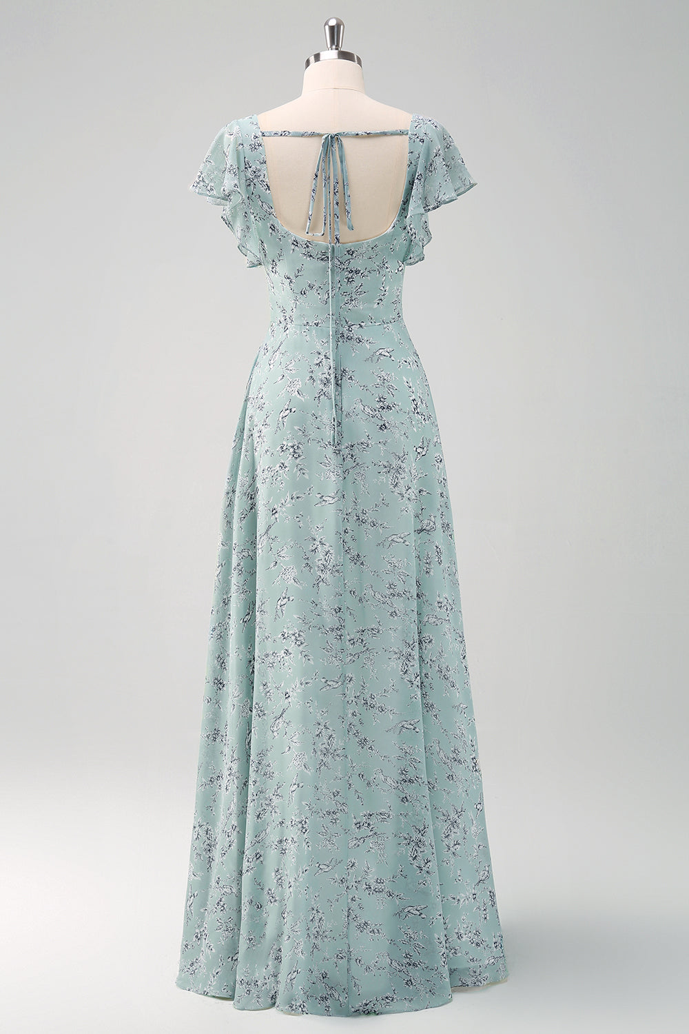 Robe longue de demoiselle d'honneur fendue, imprimé floral, col carré, coloris sauge poussiéreux