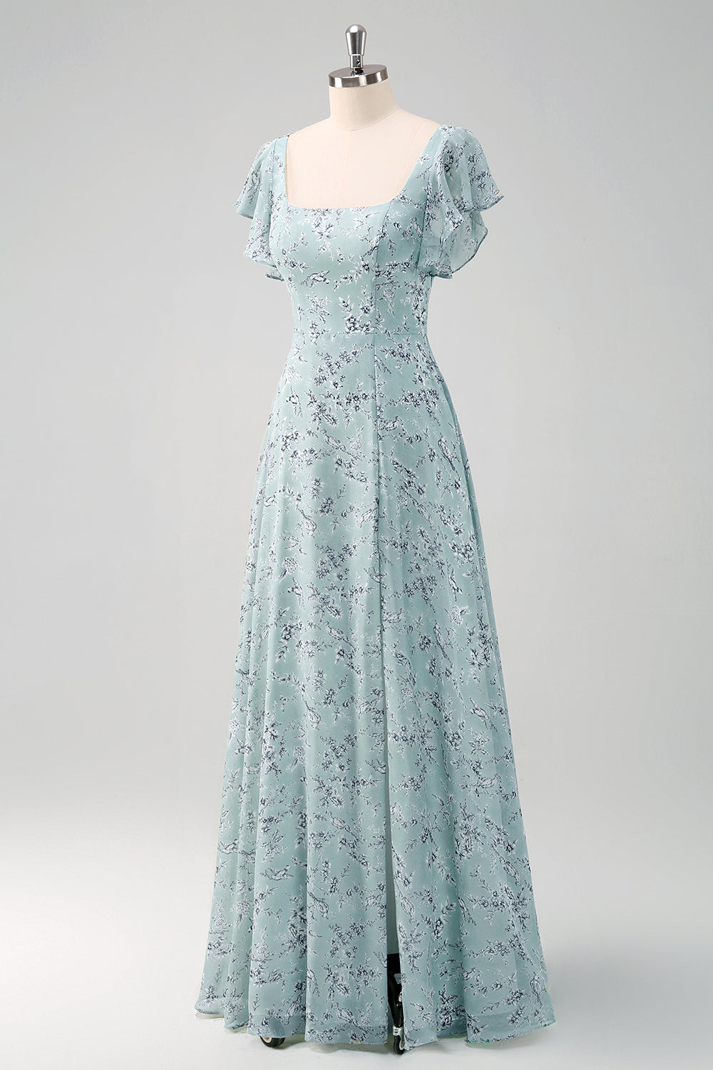 Robe longue de demoiselle d'honneur fendue, imprimé floral, col carré, coloris sauge poussiéreux