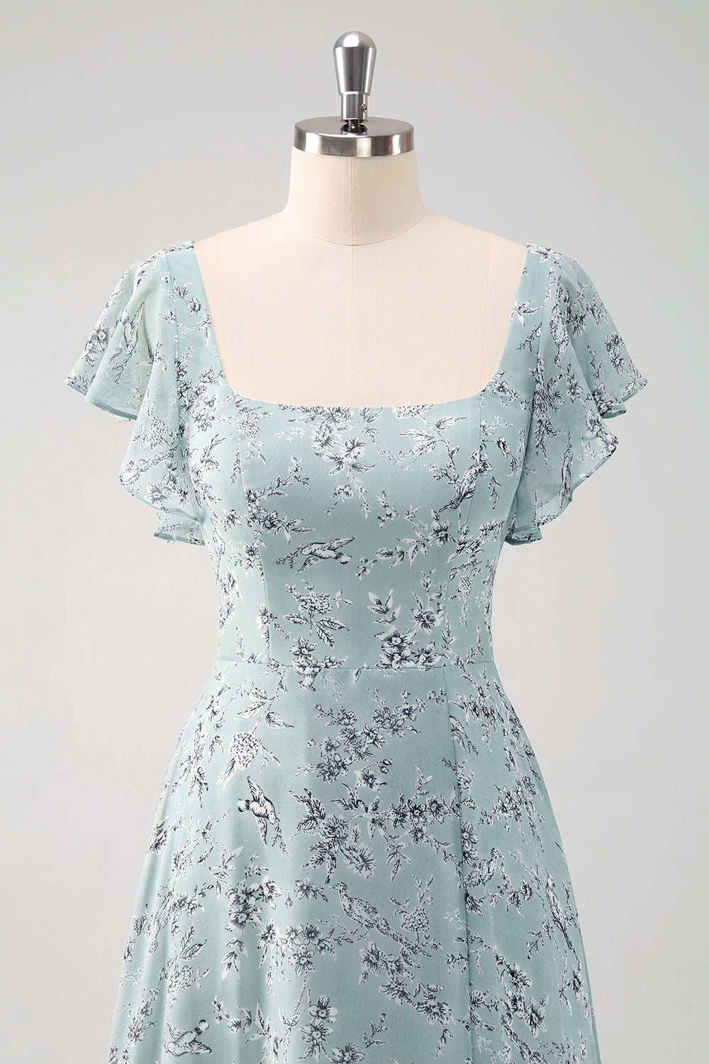 Robe longue de demoiselle d'honneur fendue, imprimé floral, col carré, coloris sauge poussiéreux
