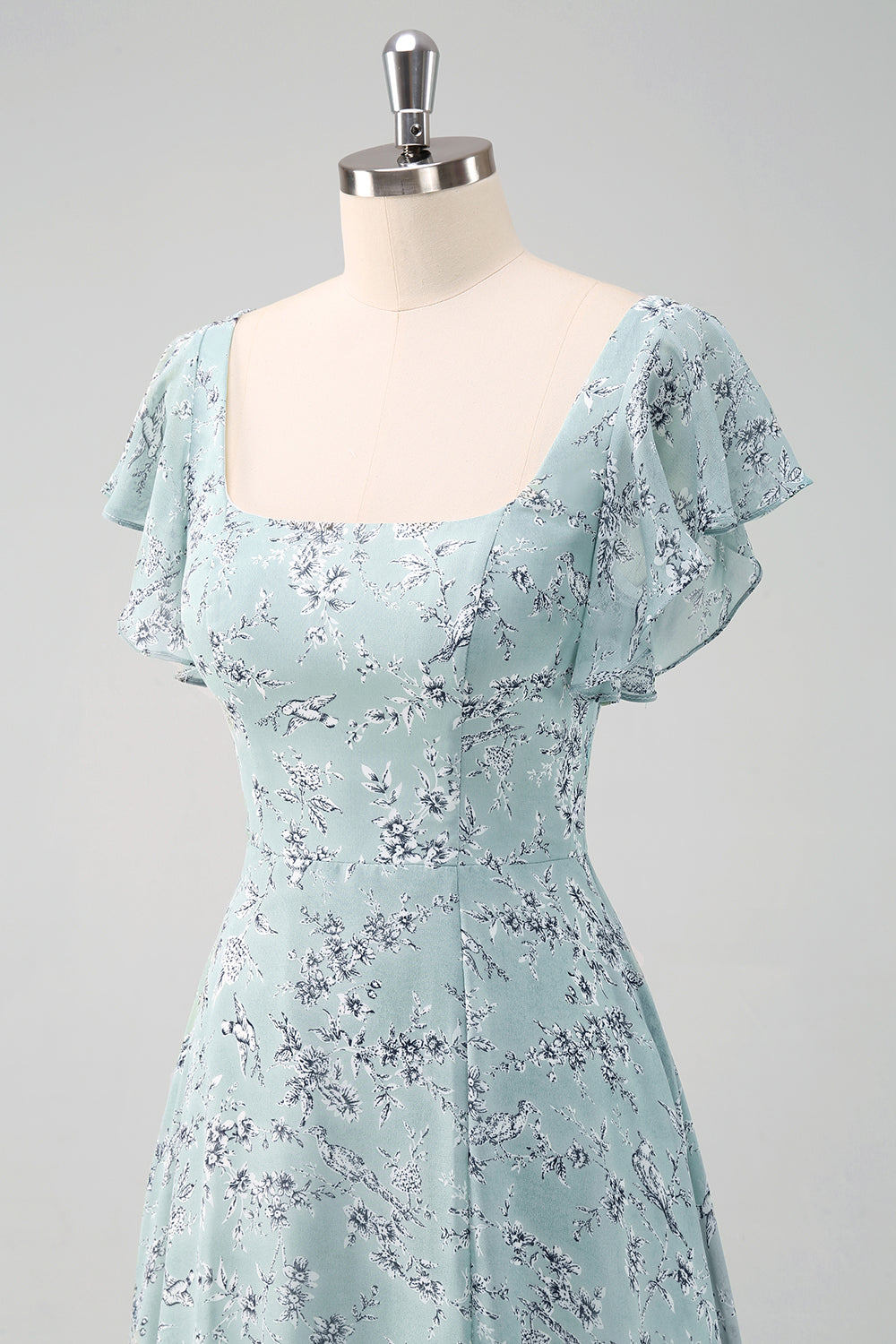 Robe longue de demoiselle d'honneur fendue, imprimé floral, col carré, coloris sauge poussiéreux