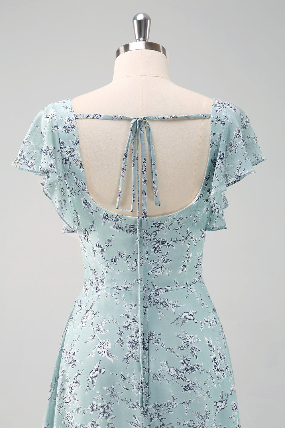 Robe longue de demoiselle d'honneur fendue, imprimé floral, col carré, coloris sauge poussiéreux