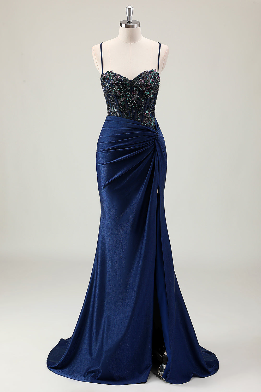 Sparkly Dusty Green Mermaid Sequins Spaghetti Straps Long Prom Dress with Slit