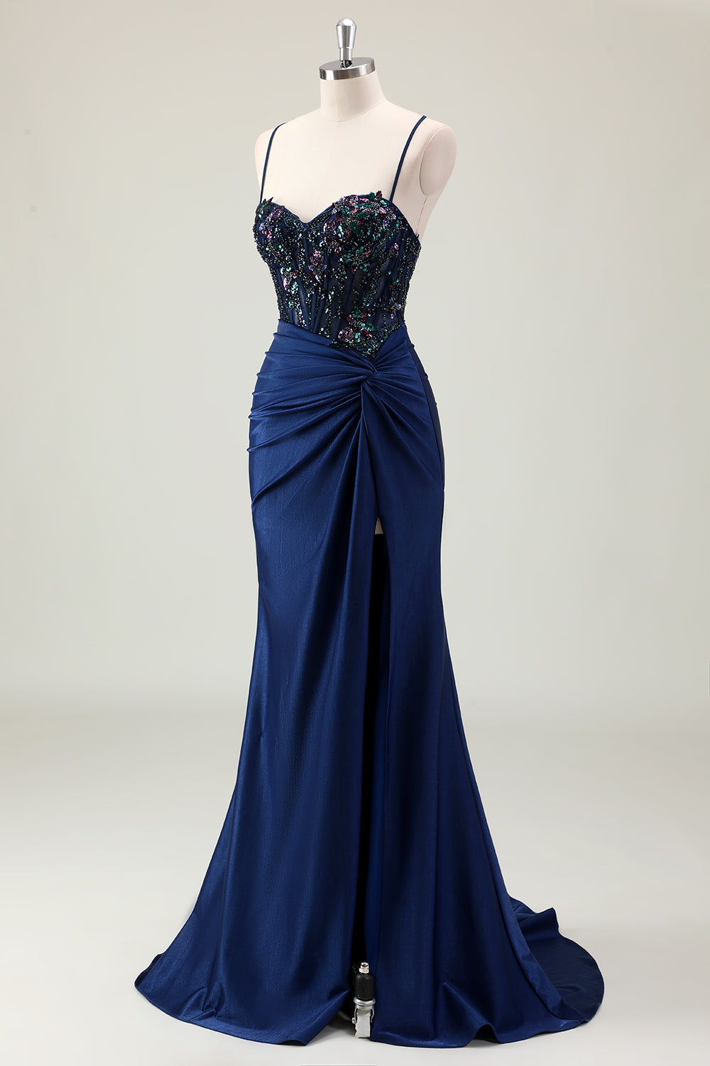 Sparkly Dusty Green Mermaid Sequins Spaghetti Straps Long Prom Dress with Slit