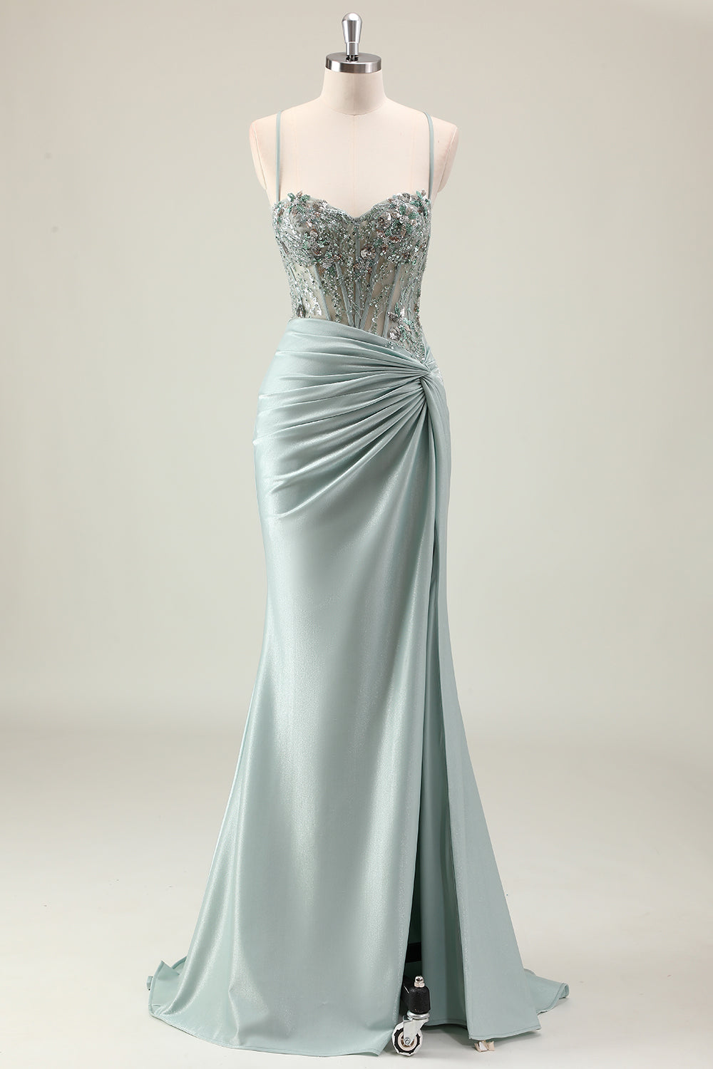 Sparkly Dusty Green Mermaid Sequins Spaghetti Straps Long Prom Dress with Slit
