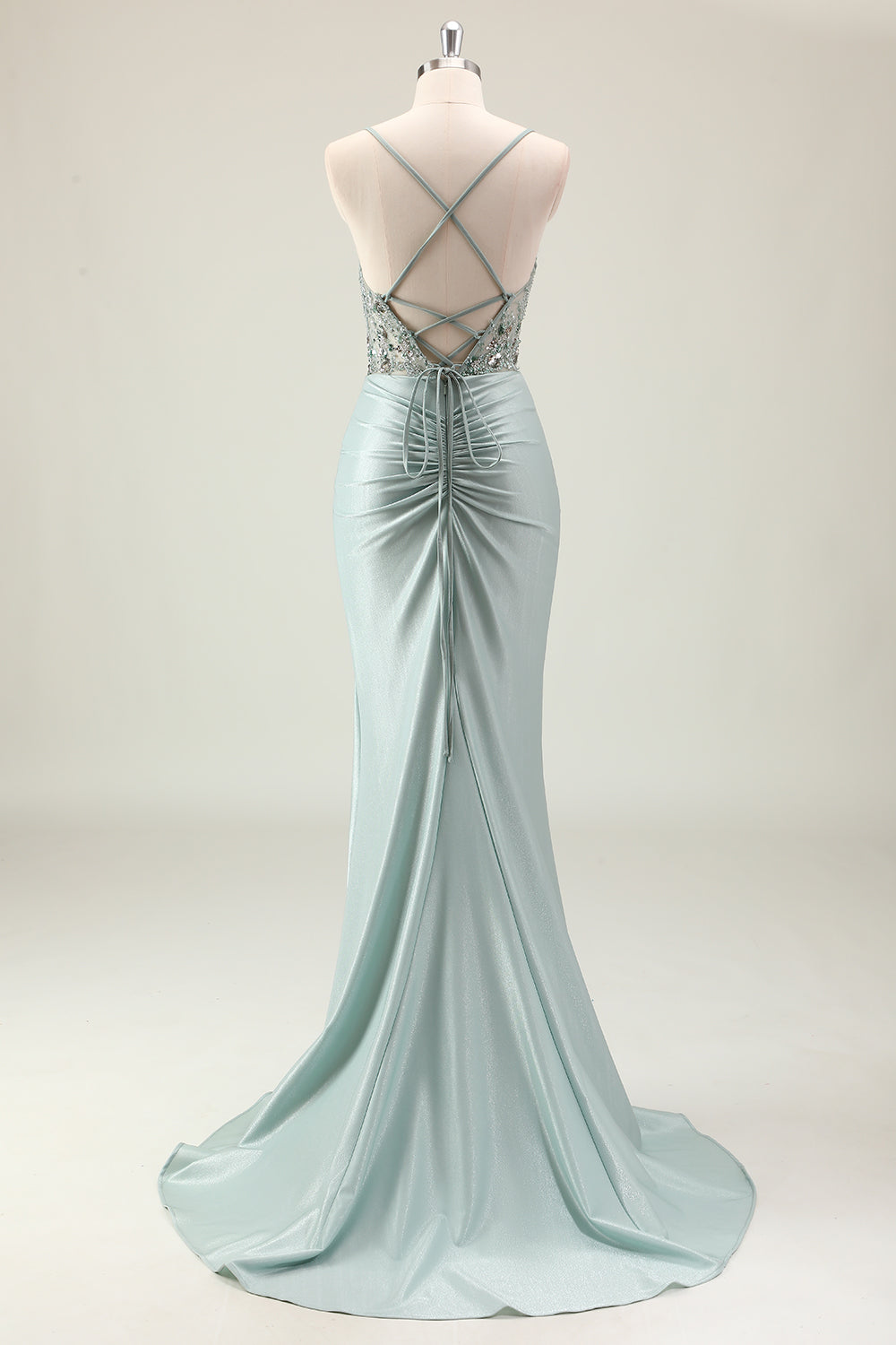 Sparkly Dusty Green Mermaid Sequins Spaghetti Straps Long Prom Dress with Slit