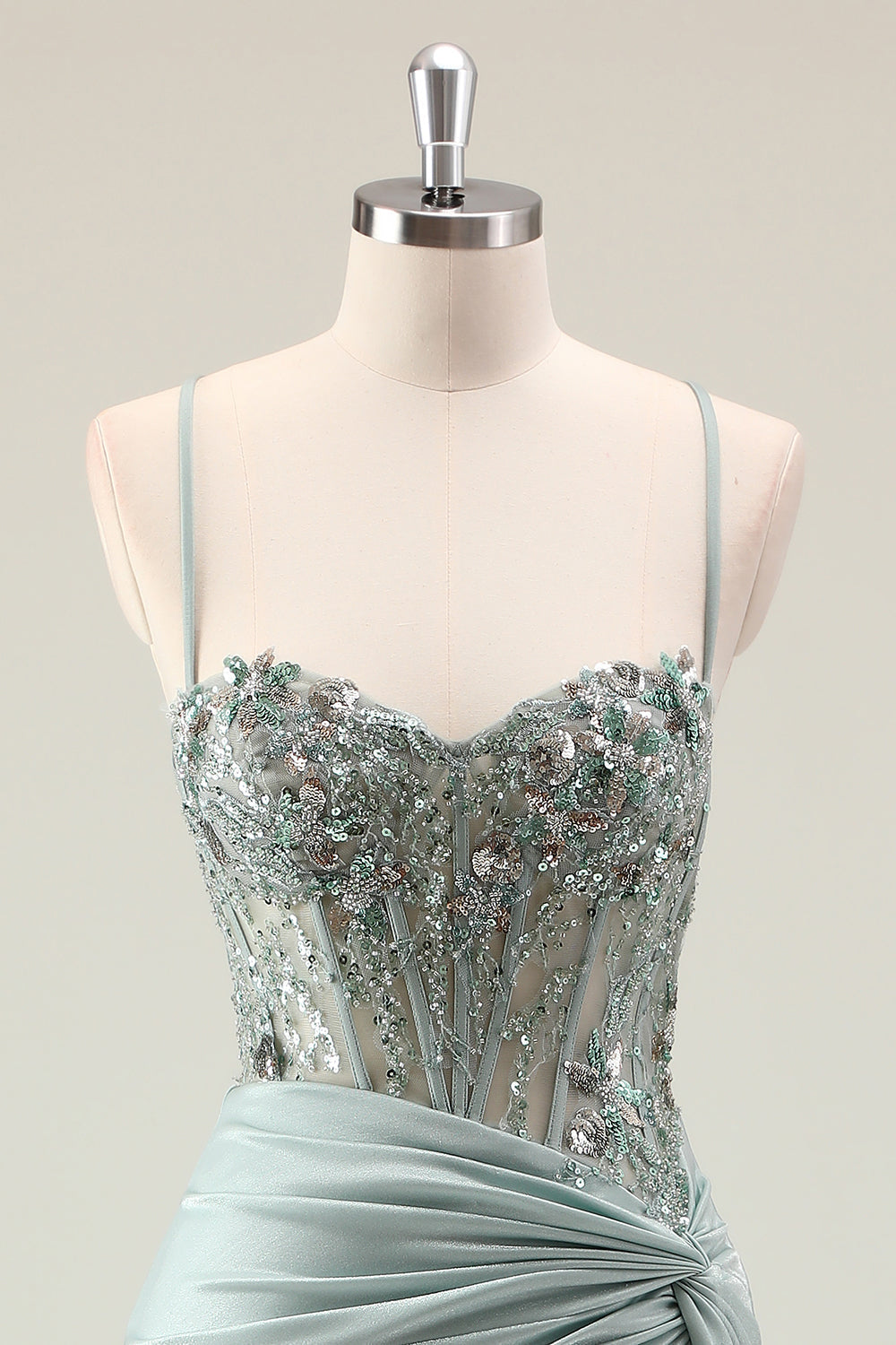 Sparkly Dusty Green Mermaid Sequins Spaghetti Straps Long Prom Dress with Slit
