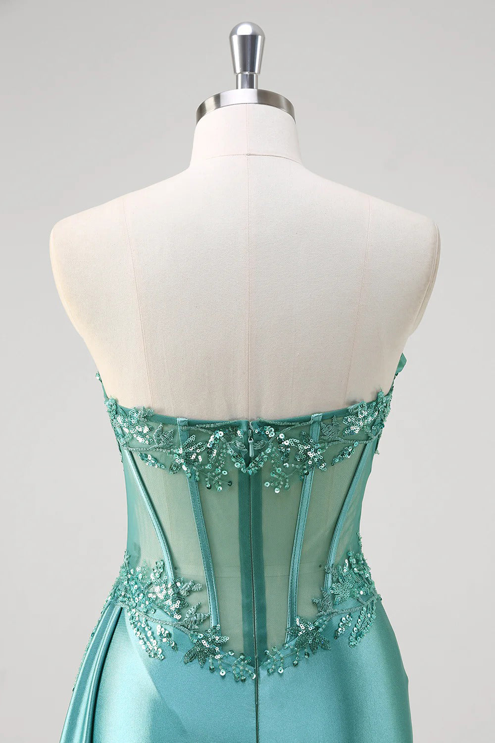 Grey Blue Mermaid Strapless Corset Sequined Satin Prom Dress