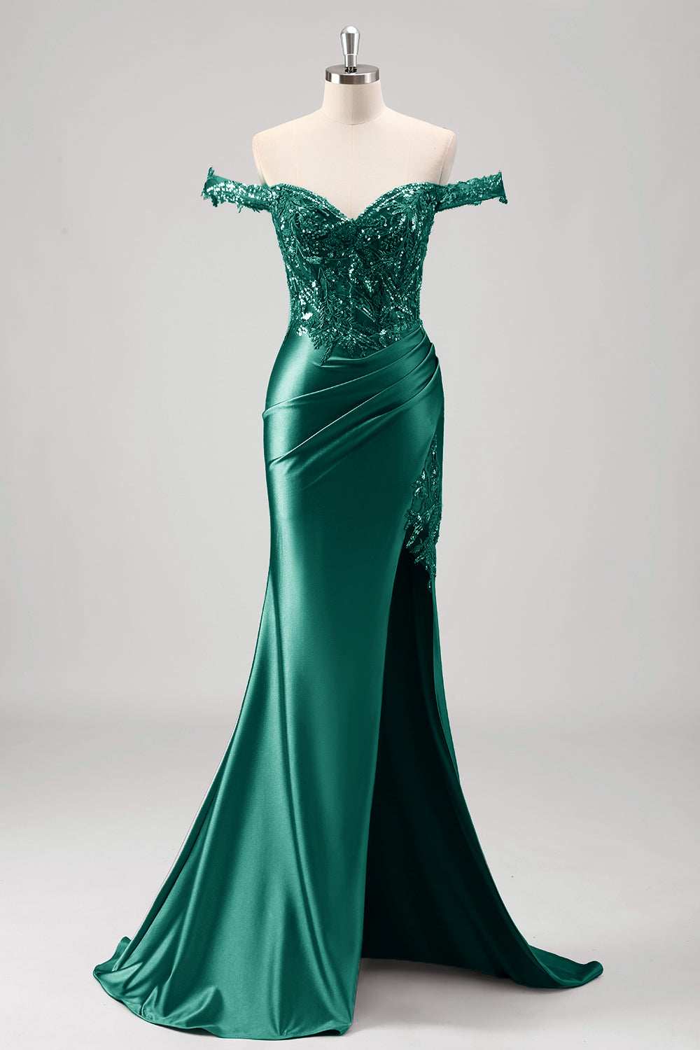 Sparkly Grey Green Mermaid Off The Shoulder Sequins Metallic Prom Dress  with Slit
