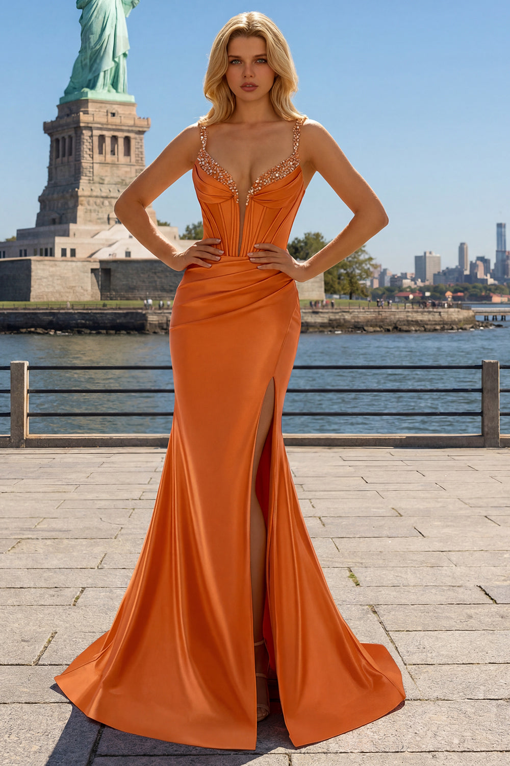 Sage Mermaid Spaghetti Straps Corset Sequin Prom Dress with Slit