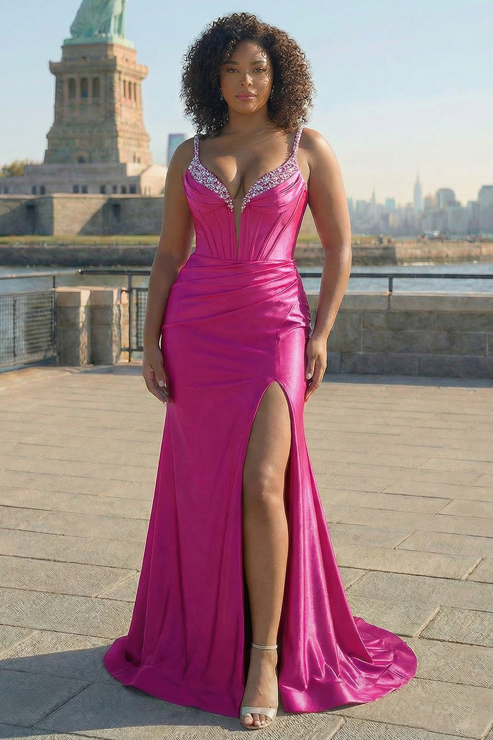 Fuchsia Mermaid Corset Spaghetti Straps Plus Size Prom Dress with Slit