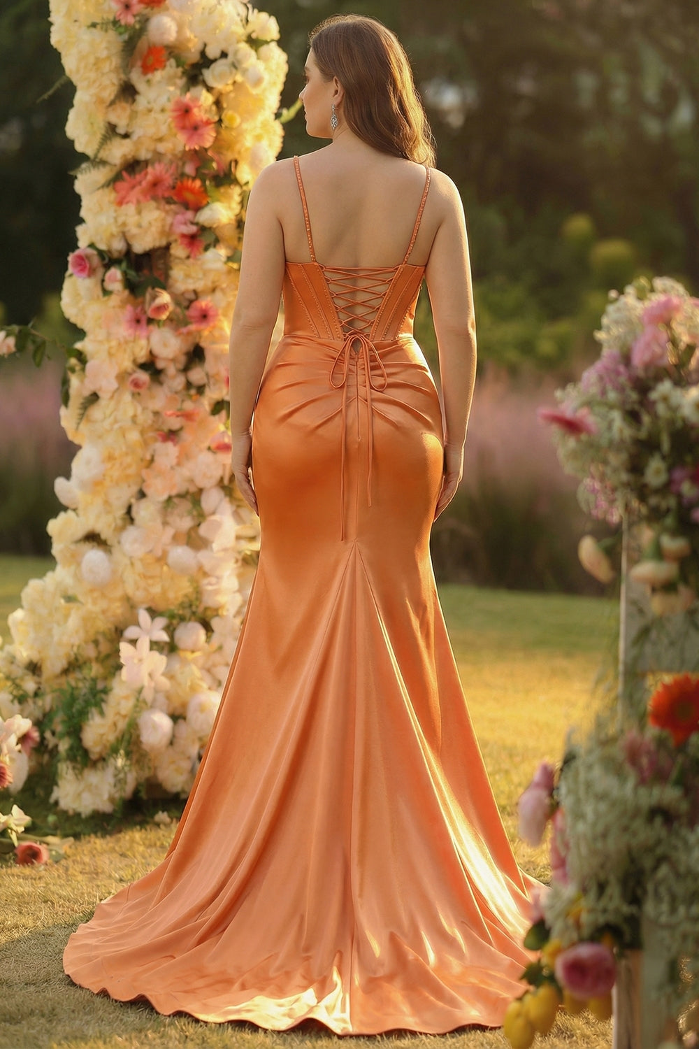 Fuchsia Mermaid Corset Spaghetti Straps Plus Size Prom Dress with Slit