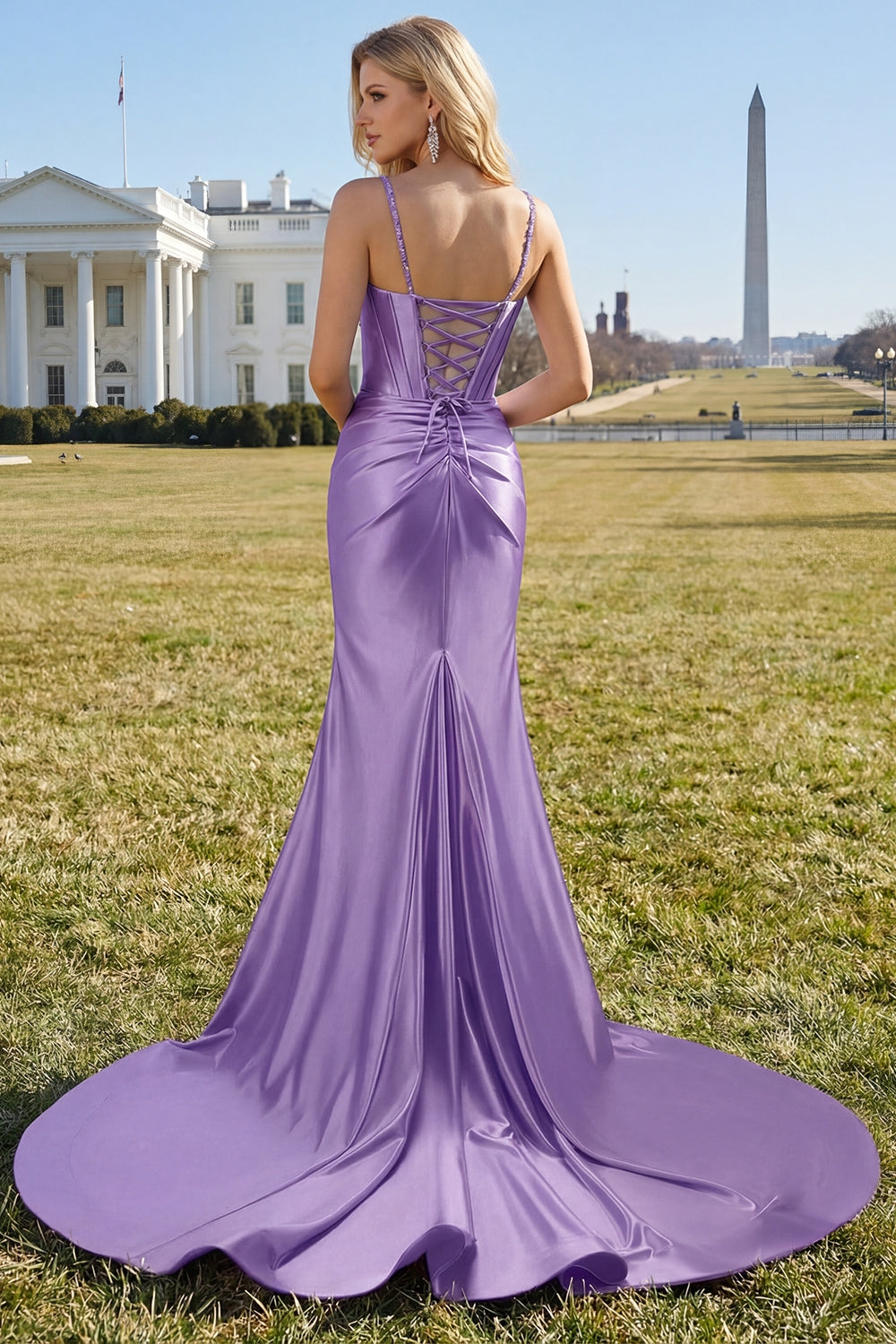 Fuchsia Mermaid Spaghetti Straps Corset Sequin Prom Dress with Slit