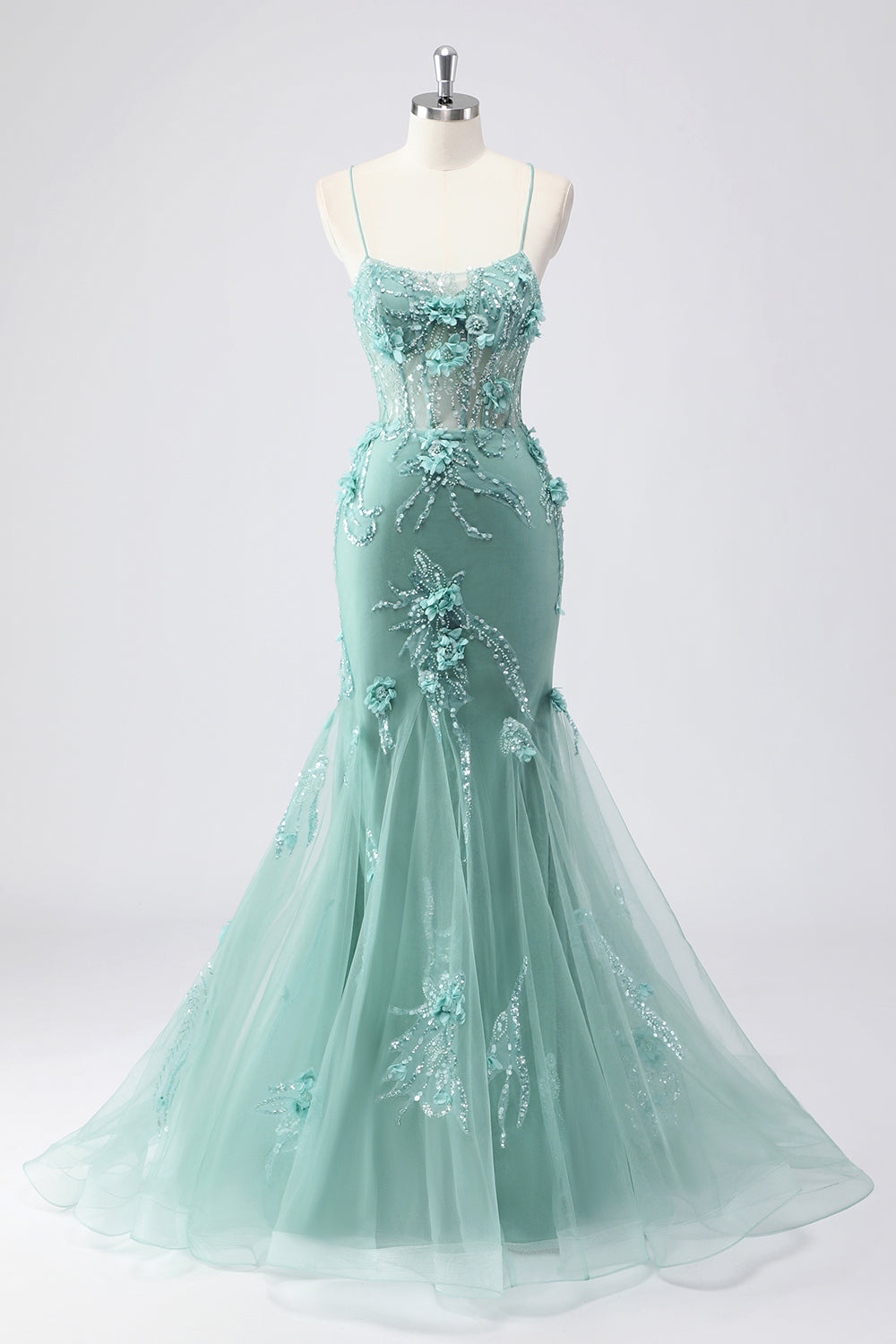 Green Mermaid Corset 3D Flowers Plus Size Long Prom Dress with Lace-Up Back