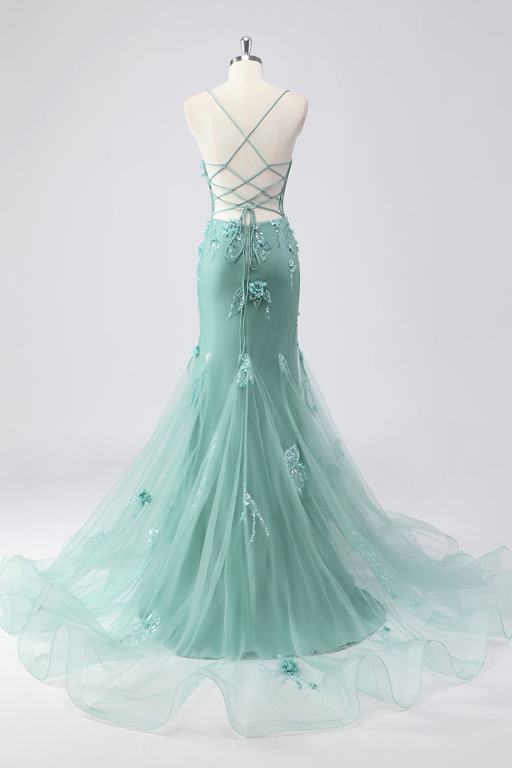 Green Mermaid Corset 3D Flowers Plus Size Long Prom Dress with Lace-Up Back